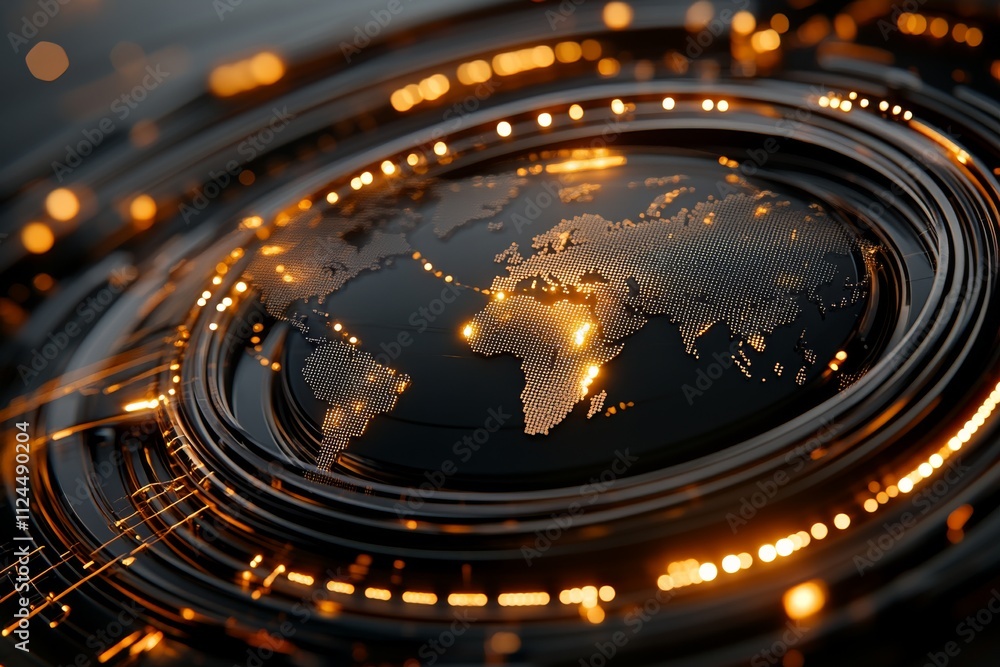 Poster global connectivity portrayed through digital technology with illuminated world map elements and cir