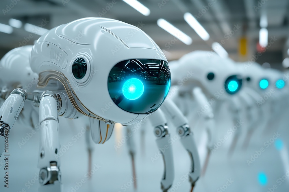 Aufkleber robotic creatures with glowing eyes in a modern technological facility showcase advanced automation 