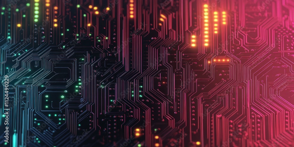 Poster colorful abstract circuit board design with vibrant neon lines and high contrast lighting