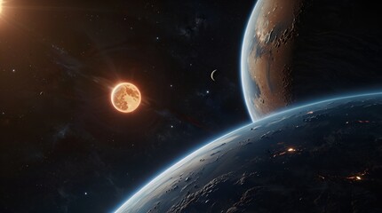 A planet’s glowing twin moons rising in the distance, casting light over the planet’s surface, in Cinematic, 4K, high-definition detail. 