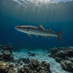 Fototapeta premium A lone barracuda hovering in the tranquil, clear sea.