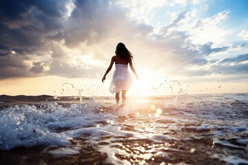 Fototapeta premium A expansive water body with an emerging wave and a cloud-laden backdrop. Beautiful simple AI generated image