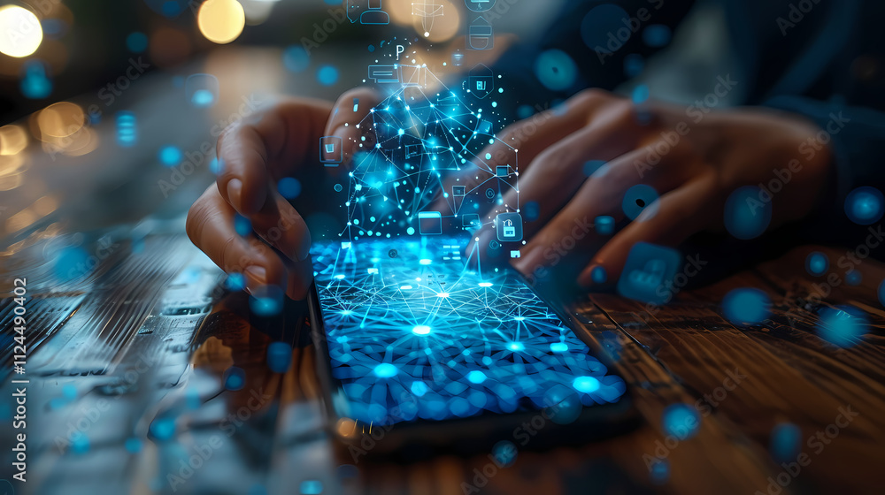 Poster connecting the dots: a close-up image of a person's hands interacting with a smartphone screen displ