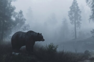Large brown bear standing in a foggy forest, creating a mysterious and evocative atmosphere
