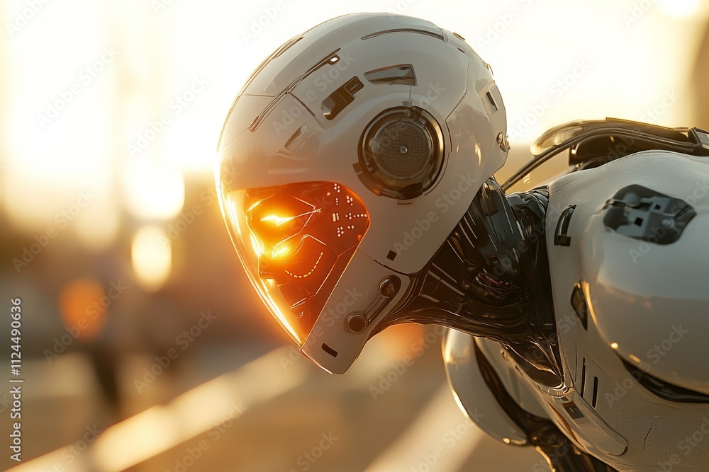 Poster futuristic robot with glowing eyes stands against a sunset background in a tech-inspired setting