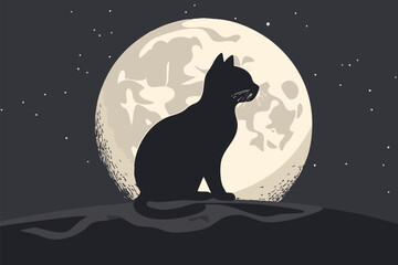 A silhouette of a cat sitting against a large full moon, creating a serene night scene.
