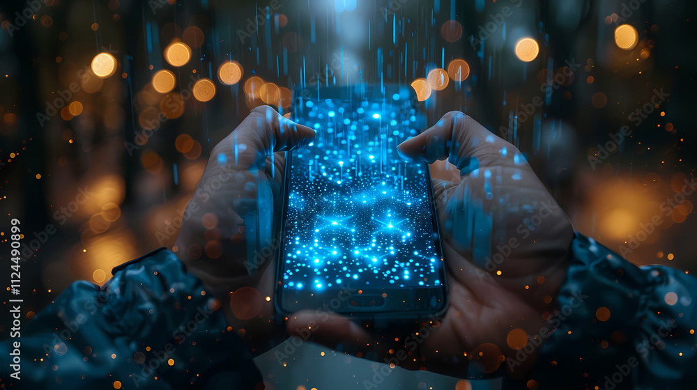 Poster digital rain: a person holds a smartphone displaying a mesmerizing digital rain effect, set against 