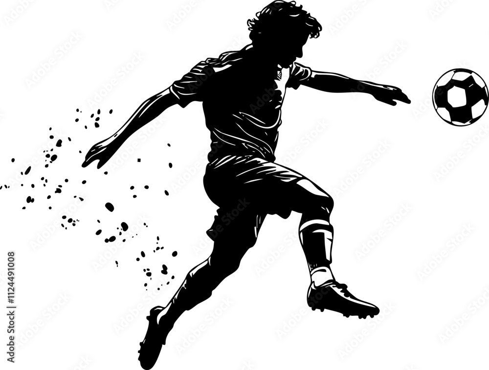 Poster a dynamic silhouette of a soccer player performing a kick, capturing the energy and action of the sp