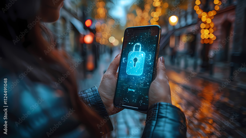 Poster cybersecurity and privacy: a woman's hand holds a smartphone with a digital padlock icon glowing on 