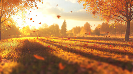 A golden sunset casting long shadows over an autumn field, with trees in the distance and a soft breeze moving the fallen leaves.