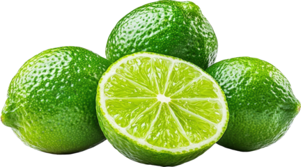 Fresh green limes with one cut in half