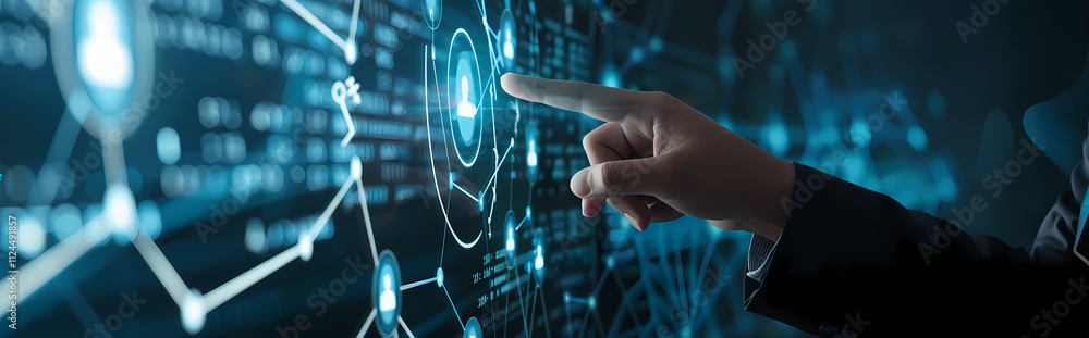 Poster navigating the digital frontier: a close-up of a hand interacting with a futuristic interface, symbo