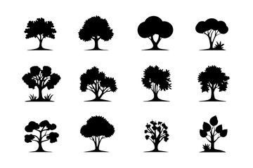 A collection of various tree silhouettes in black, showcasing different types and shapes, ideal for nature-themed designs.