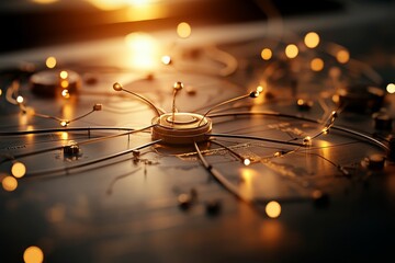 Intricate network of glowing lights connected to a central hub on a dark surface at sunset