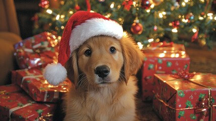 A dog wearing a Santa hat is sitting in front of a Christmas tree