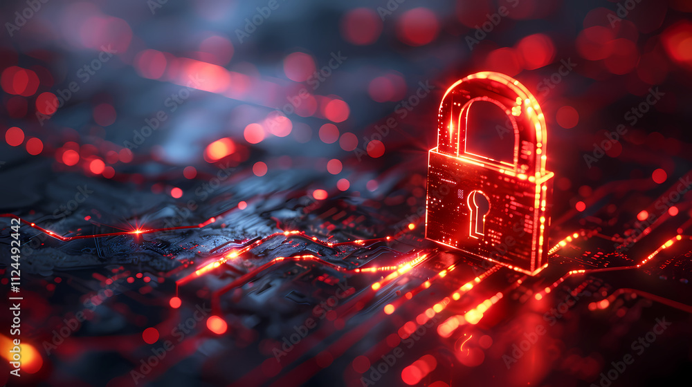 Poster cyber security: a glowing red padlock stands tall against a backdrop of intricate circuitry, symboli