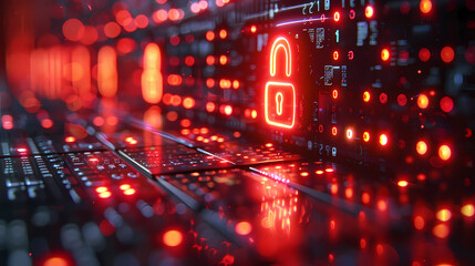 Cybersecurity Breach: Red Alert. A digital padlock glows ominously amidst a sea of red lights on a server, symbolizing a critical security breach or a system under attack.