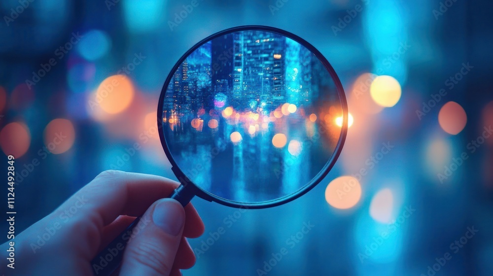 Poster magnifying glass in hand with blurred background and bokeh lights