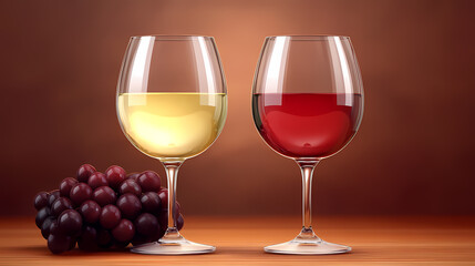 Fototapeta premium Glasses with red and white wine with grapes on wooden background