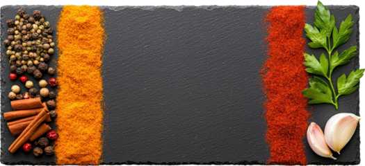 Vibrant spices arranged on a slate board