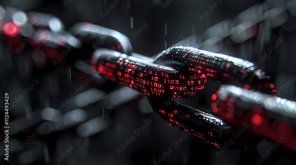 Poster cyber security chain: a close-up shot of a metallic chain with glowing red digital code, symbolizing