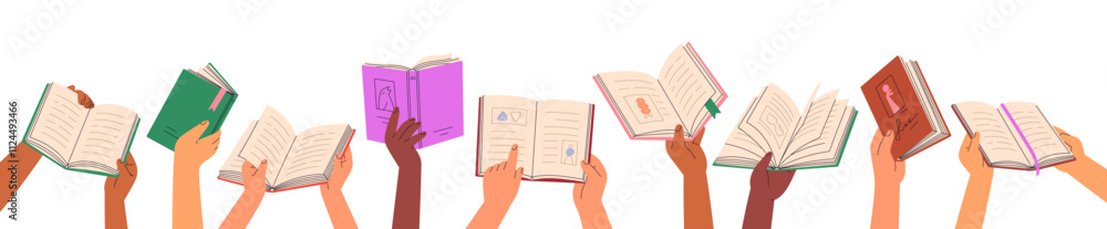 Poster open book in hands set. reading, turning paper pages. studying, learning for knowledge, education. h