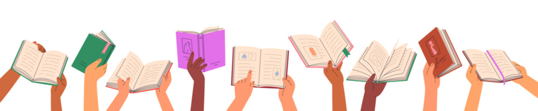 Open book in hands set. Reading, turning paper pages. Studying, learning for knowledge, education. Holding academic and fiction literature. Flat vector illustration isolated on white background
