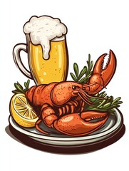 A cooked lobster served with lemon slices, herbs, and a frothy mug of beer on a plate on a white background, perfect for dining, seafood, and beverage advertisements..