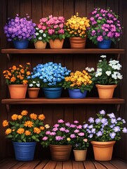 A rustic wooden shelf filled with vibrant potted flowers in various colors, perfect for promoting floral shops or home garden decor..