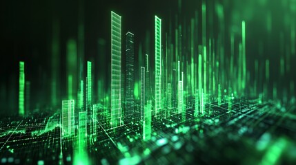 Surging crypto value is depicted by rising green candlesticks. This graphical representation visualizes volume and time intervals. 