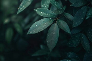 Obraz premium Dark green leaves glistening with fresh water droplets evoke a serene and moody atmosphere, perfect for nature inspired projects