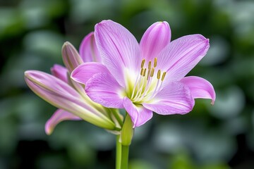 Fototapeta premium Bee collect pollen from pink flower (Cosmos bipinnatus). Close-up. Side view. Beautiful simple AI generated image