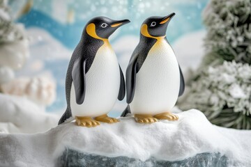 Obraz premium Two adorable penguins stand together on a snowy landscape, surrounded by shimmering decorations and frosty trees