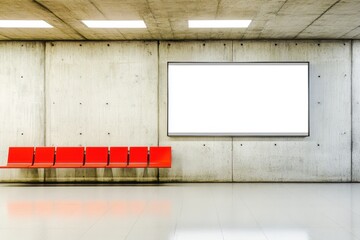 Empty billboard in subway station with red seats and concrete walls