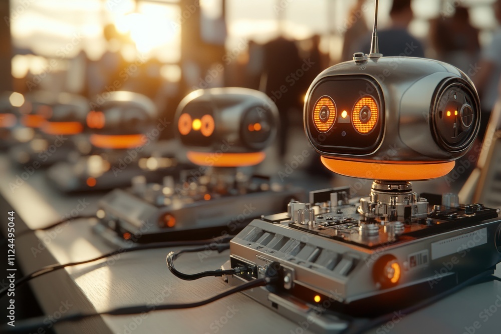 Poster robots displayed under evening light at a tech exhibition showcasing innovative designs and interact