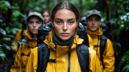 Fototapeta premium A group of young adult backpackers hiking through fottests and woodlands