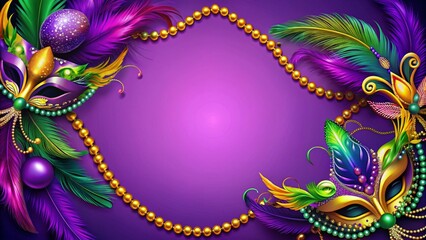 a border for a Mardi Gras event, feathers, masks, beads, purple background