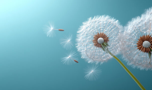 dandelion clock seed head with dandelion seeds blowing in the wind against a blue sky backdrop - Powered by Adobe