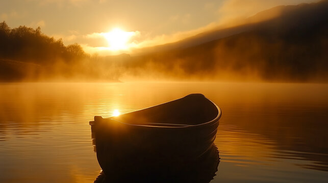 A lone rowing boat sits on a calm and peaceful lake at sunrise / sunset with mist rising from the water