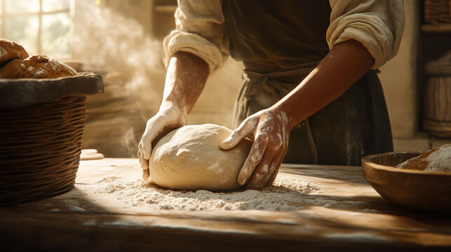 Pair of hands kneading dough for bread making in a traditional rustic farmhouse kitchen