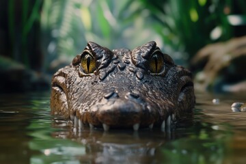 Fototapeta premium In a vibrant ecosystem, a crocodile peers from the warm waters, showcasing its fierce gaze