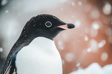 An Adelie penguin gazes curiously amidst a flurry of falling snowflakes, embodying the resilience of wildlife. This moment reflects the urgency of protecting natural habitats on World Wildlife Day