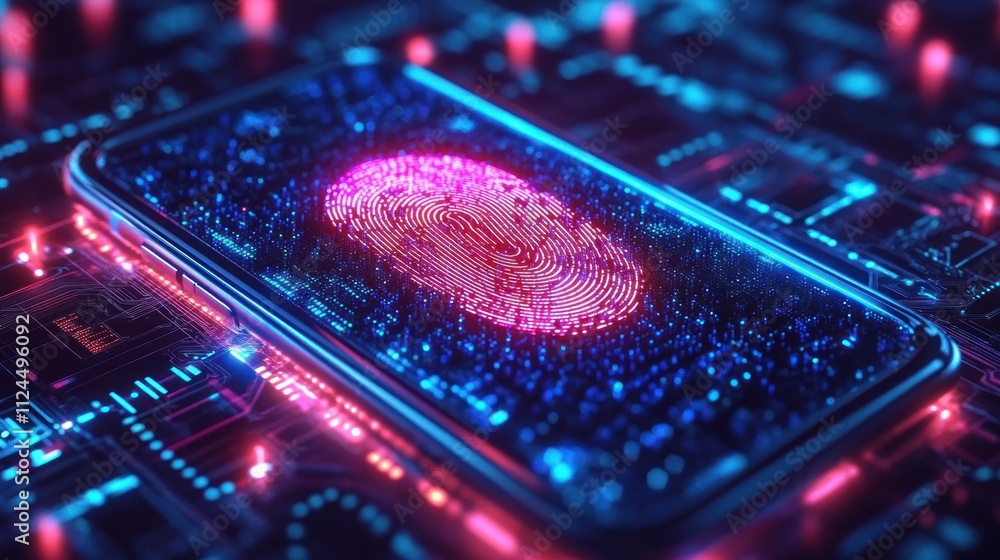 Poster futuristic cyber security smartphone with biometric fingerprint access technology in a cyberpunk sty