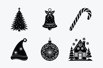 Fototapeta premium Set of Christmas Vector Icon Silhouette Vector, Background, Black, Isolated