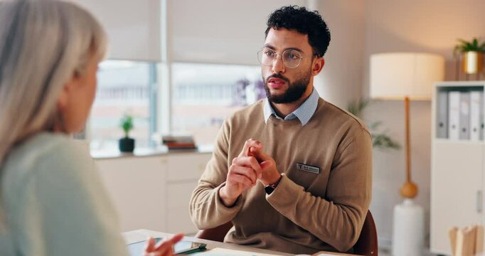 Doctor, patient and consulting with instructions for health advice, dosage or side effects at hospital. Man, medical worker and explanation with client for medication, tips or checklist at clinic