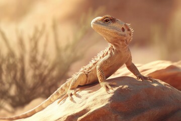 A vibrant desert lizard rests on a warm rock, basking in sunlight amidst a tranquil backdrop of soft earth tones and sparse vegetation. Nature's calm radiates in this stunning moment