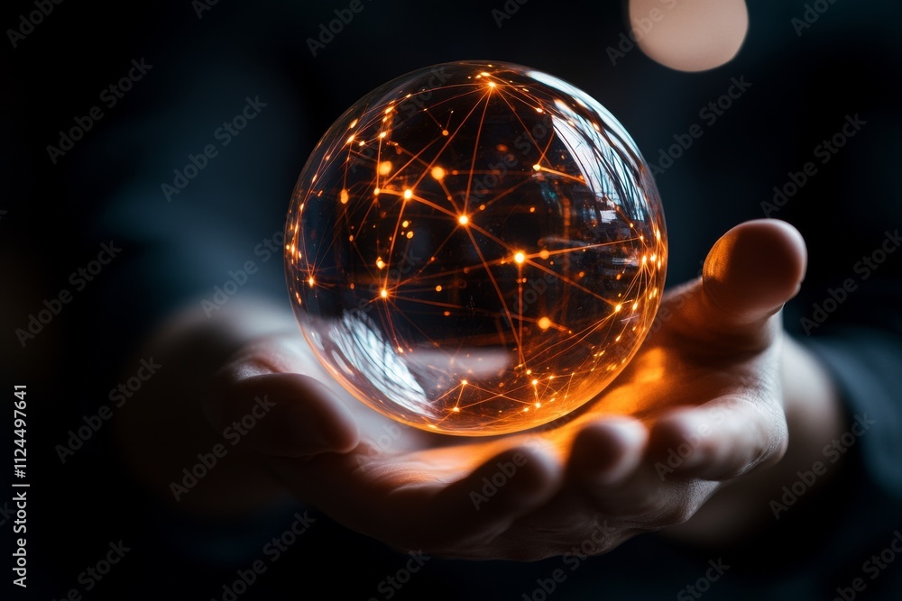Poster hand holding a glowing sphere with interconnected lines and nodes representing data and technology