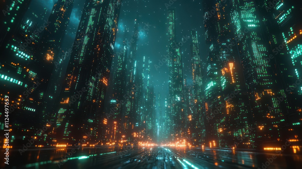 Aufkleber Futuristic Cyber Landscape Abstract Digital Art Background with Glowing Circuits and Data Streams