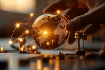 Exploring global connectivity through technology at dusk with glowing digital world