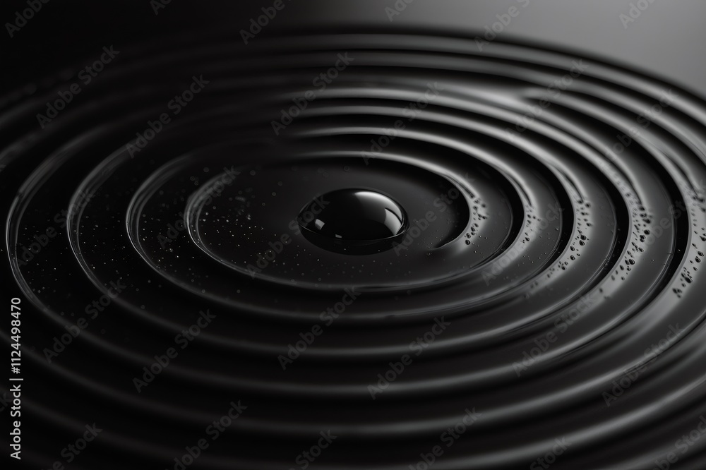Poster close up of a single water droplet causing circular ripples on a dark, reflective surface, creating 